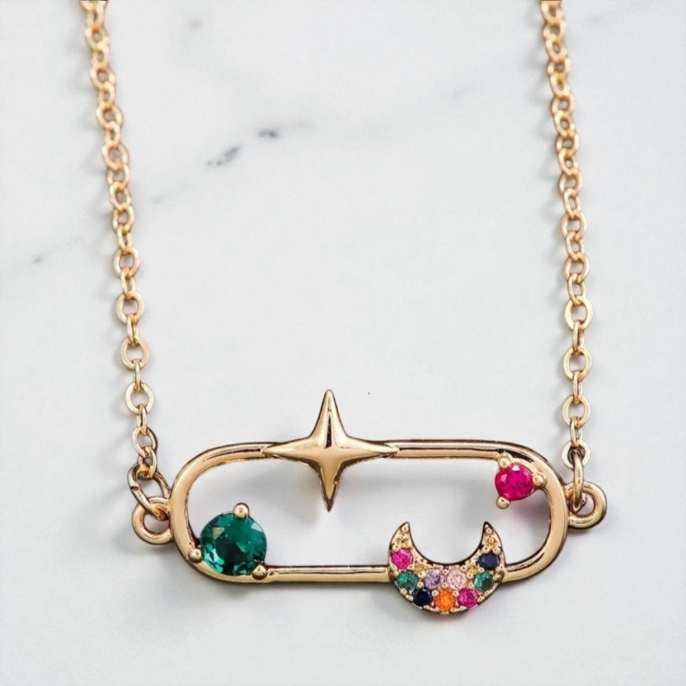 18k Gold Plated Galaxy Mulicoloured CZ Necklace. New.